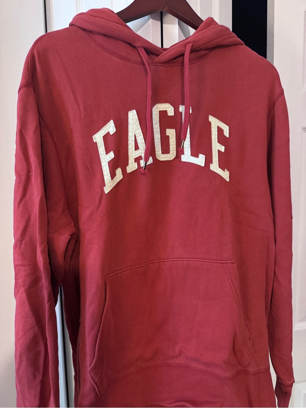 American Eagle Outfitters Red Zip-Up Hoodie with Cream 'EAGLE' Lettering